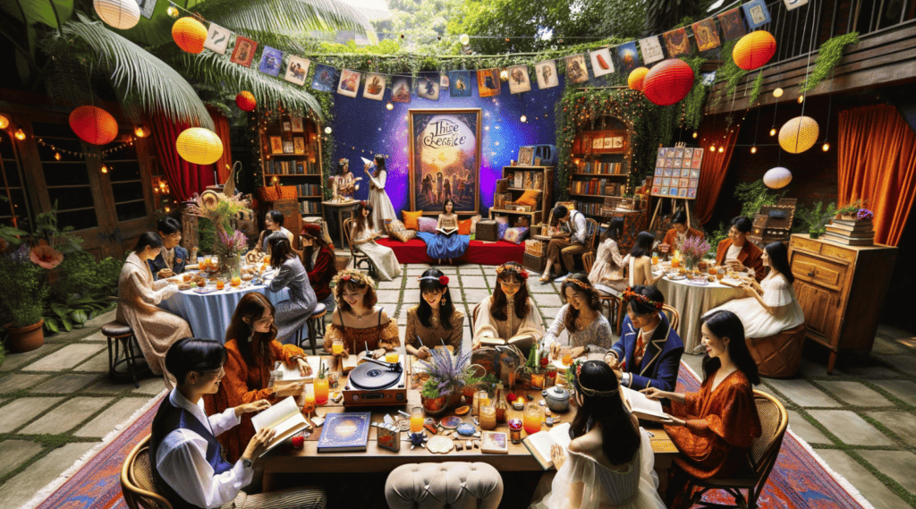 People enjoying a themed event related to a book club