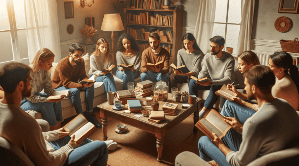 People in a book club discussing a book and sharing ideas