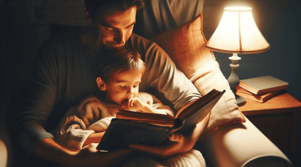 A child reading a classic book with a parent looking over their shoulder
