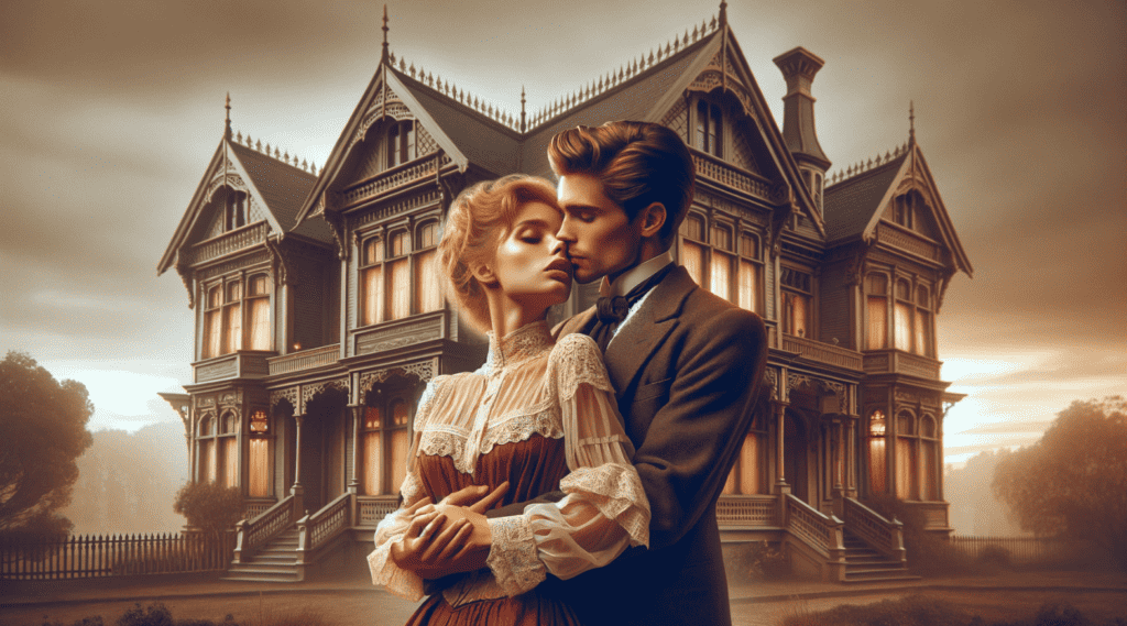 A couple in a passionate embrace, with a Victorian-style house in the background