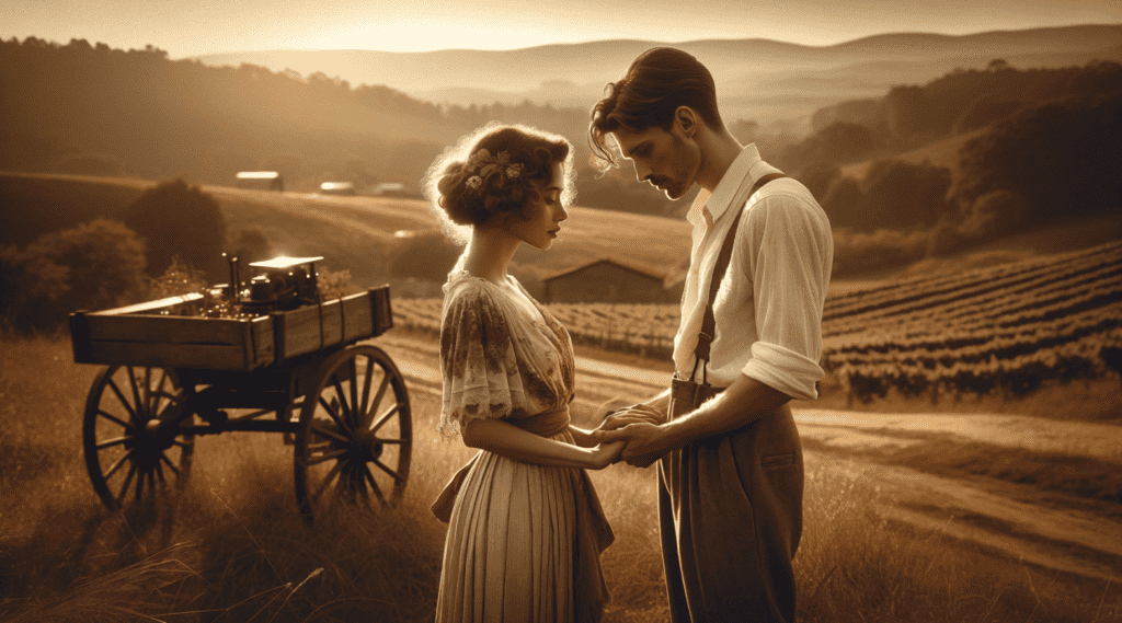 A couple in a passionate embrace, with a rural landscape in the background
