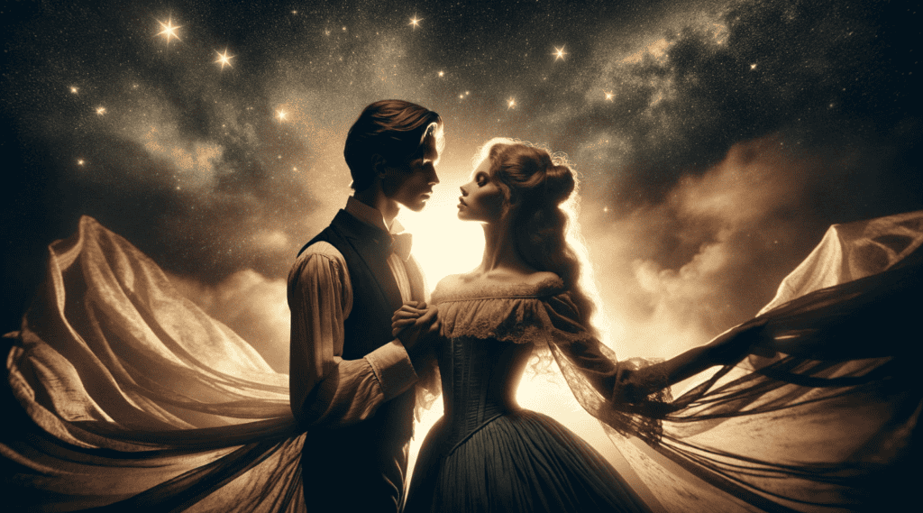 A couple in a passionate embrace, with a starry night sky in the background