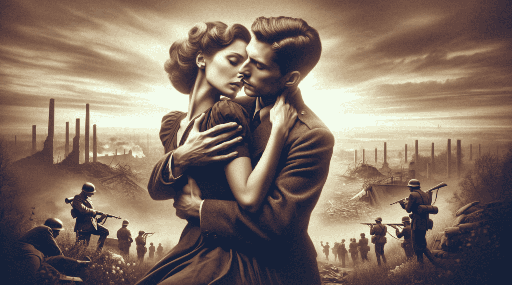 A couple in a passionate embrace, with a war-torn landscape in the background
