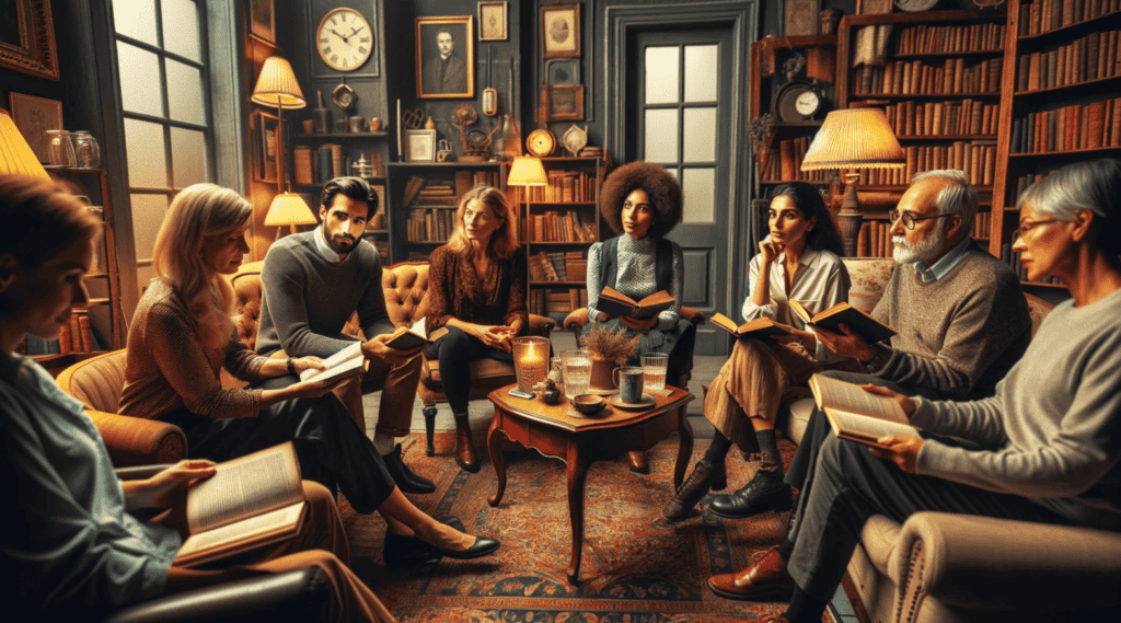A group of people discussing a vintage author in a book club setting