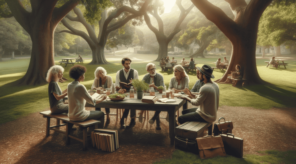 A group of people in a park at a picnic table discussing a vintage author