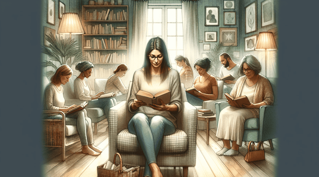 A person reading a book in a cozy atmosphere, surrounded by other  Book Club members