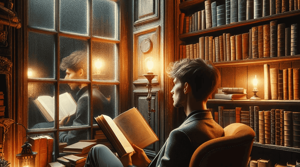 A person reading a modern book while looking out a window at the old books