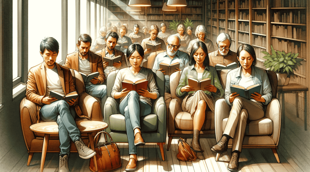 A picture of a group of people sitting together, reading books silently. This image represents how silent book clubs work.