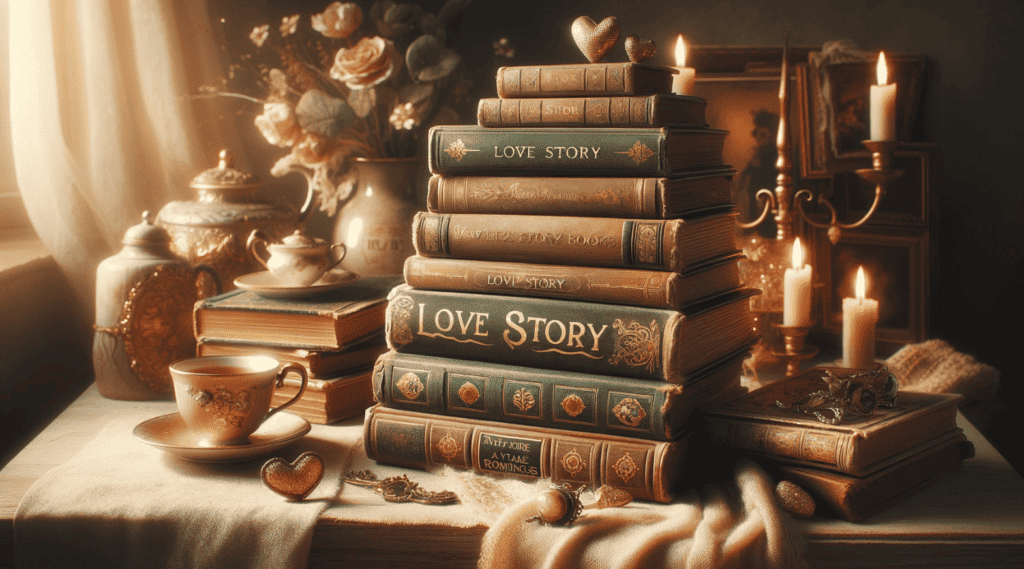 An image of a stack of vintage love story books, perfect for those who love enchanting fairy tale romances.