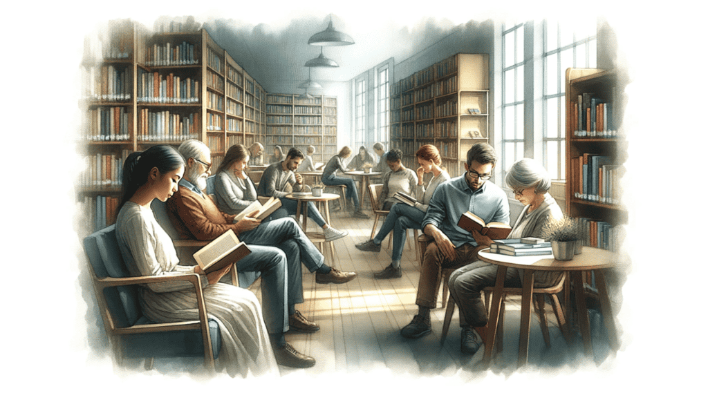 People gathering in a library to read and discuss books