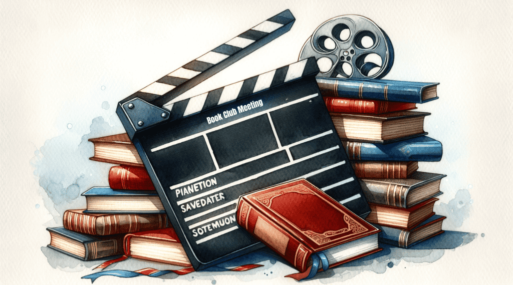 A movie clapperboard and a book symbolizing cinematic book club