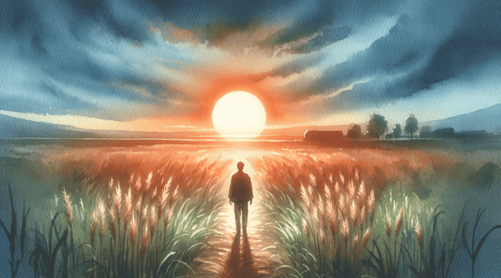A person standing in the middle of a field with a sun setting in the background, showing how poetry can help us to embrace the present and let go of the dead past