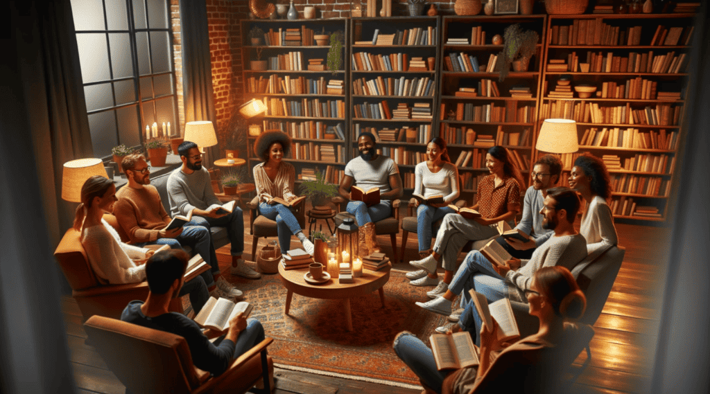 A group of diverse and enthusiastic readers discussing books in a cozy setting.
