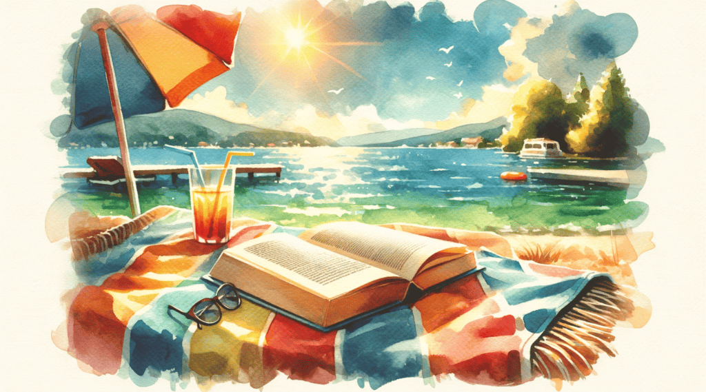 summer beach reads for a lazy beach day. book on a beach towel at a sunny lake