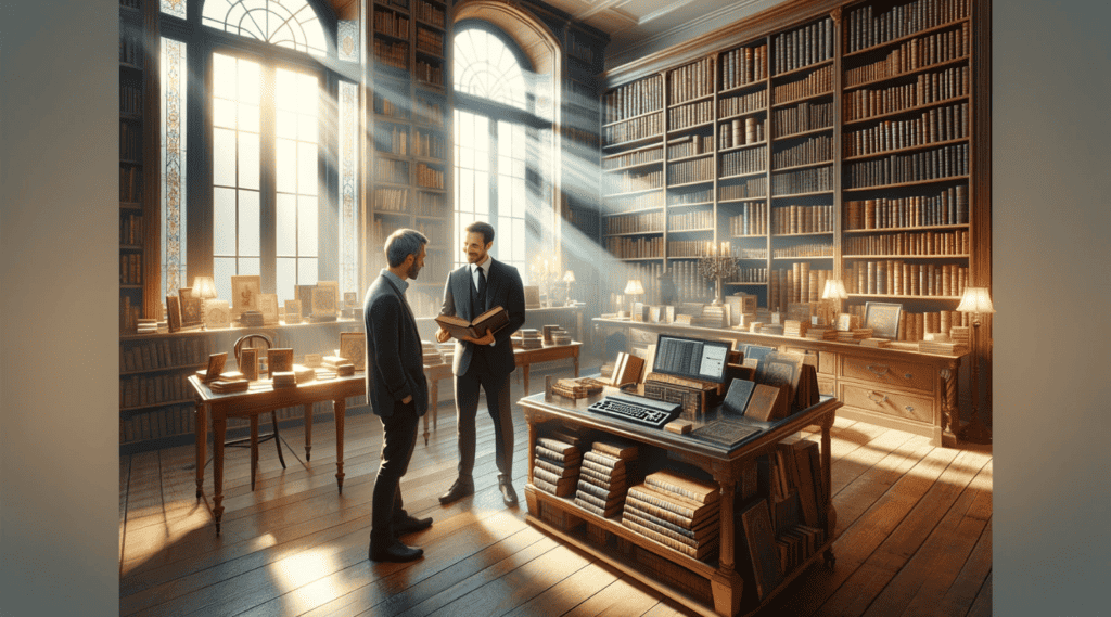 Antiquarian bookstore scene with a bookseller and customer, symbolizing traditional and online book selling