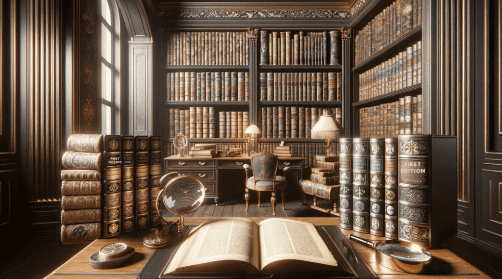 Elegant room with first edition books and a vintage desk, representing first editions search.