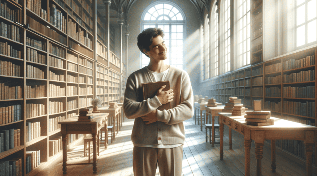Person in a library with old books, symbolizing the joy in book collecting adventure.