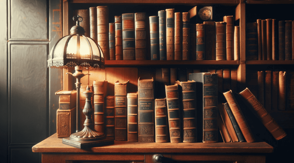 Vintage bookshelf filled with a collection of old books, illuminated by a classic reading lamp.