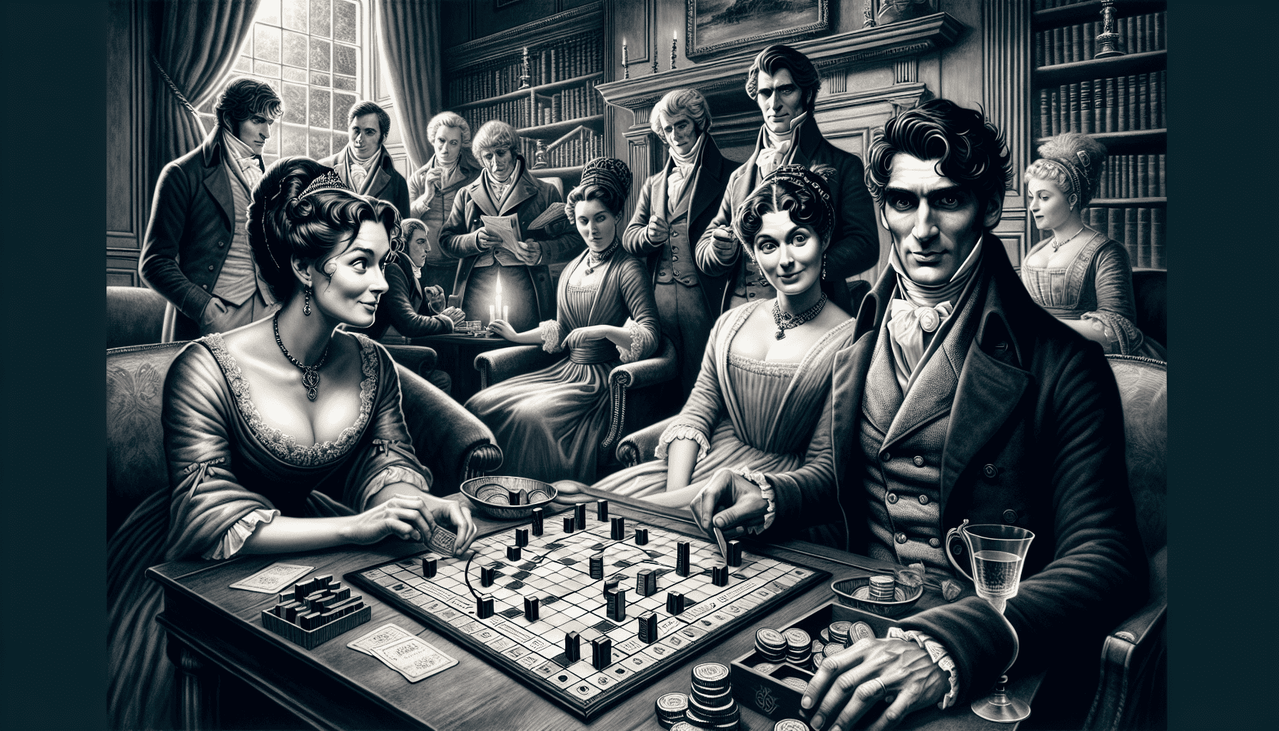 characters from Pride and Prejudice navigating the board game made for book lover games