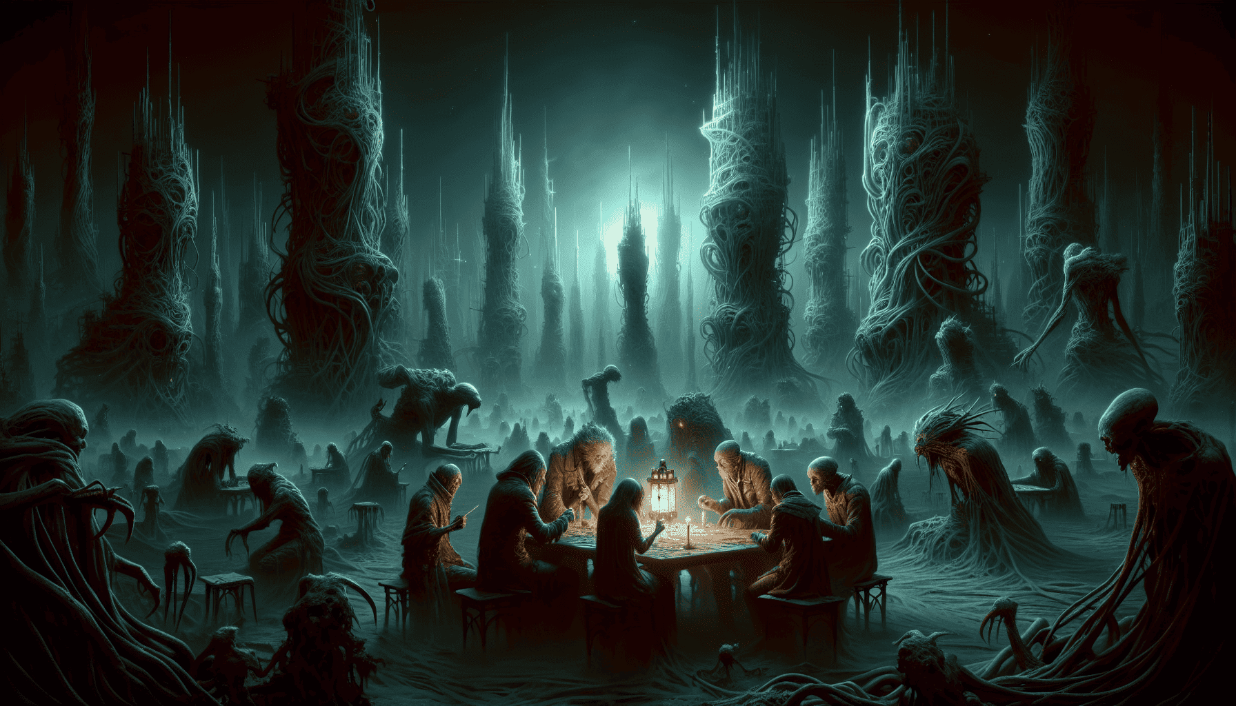 Illustration of eerie Lovecraftian world depicted in the card game
