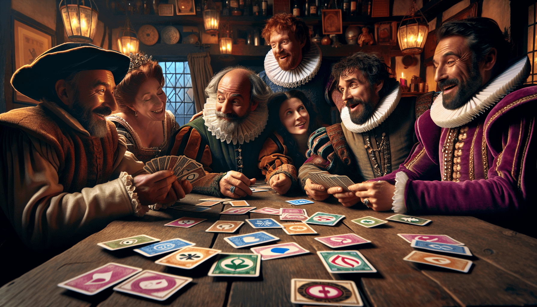 Illustration of Shakespearean characters playing a book lover games Bards Dispense Profanity
