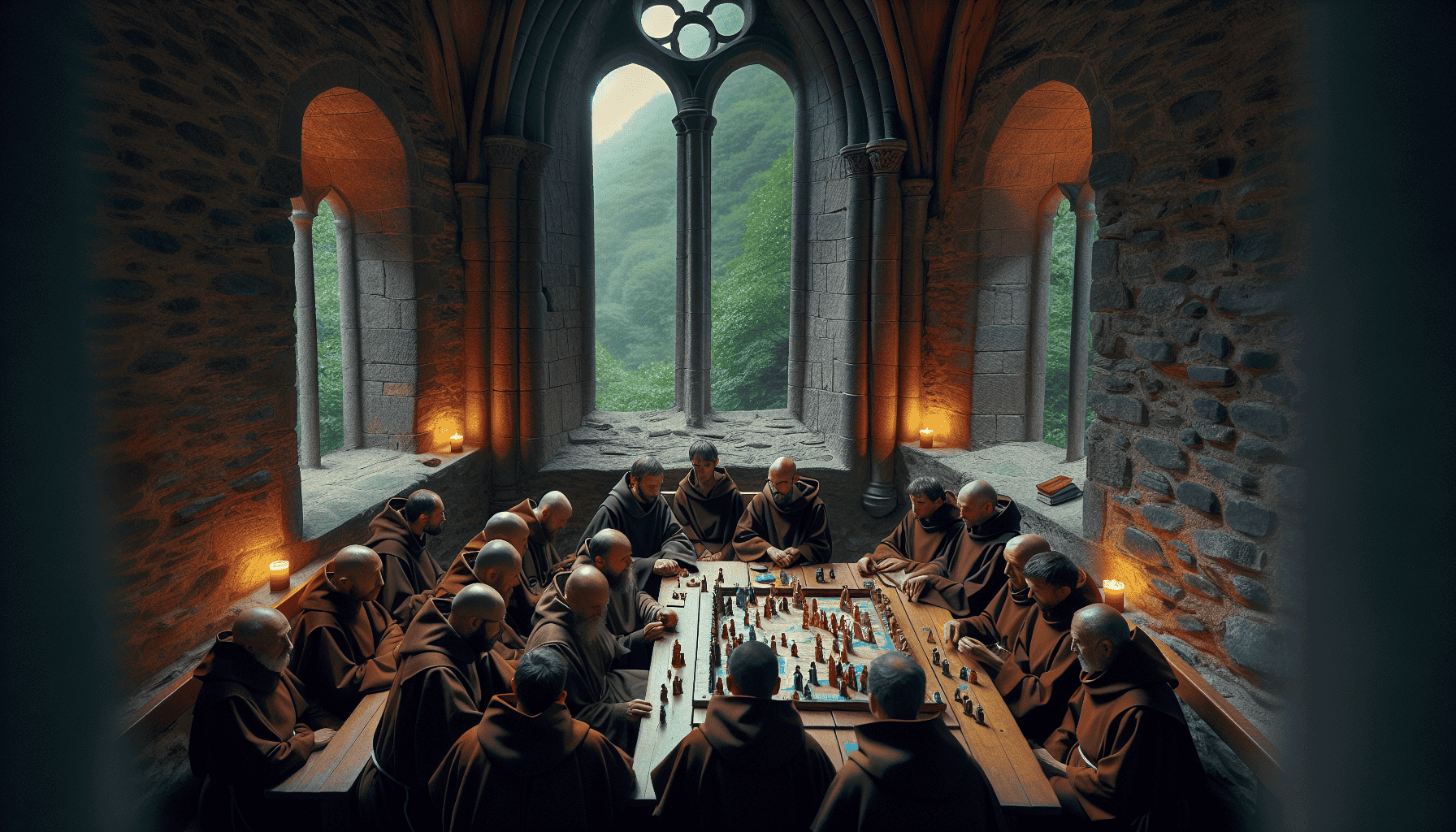 Illustration of medieval monastery with monks playing a book lovers game